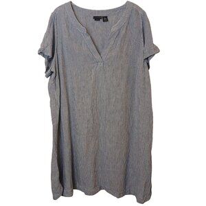 Tahari 100% Linen Blue White Pinstripe Wrap Dress Plus Size 2X Casual Chic #H-1